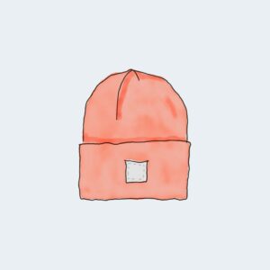 A drawing of an orange hat with a square patch.