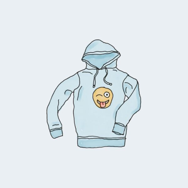 A drawing of a hoodie with an image of a smiling face on it.