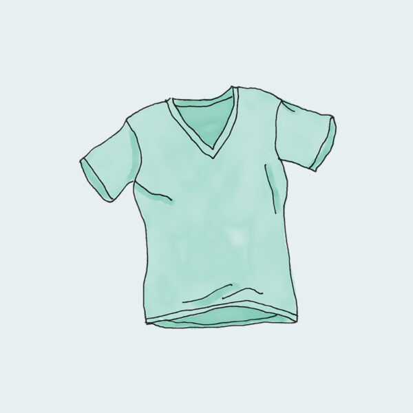 A drawing of a t-shirt with the v-neck folded up.